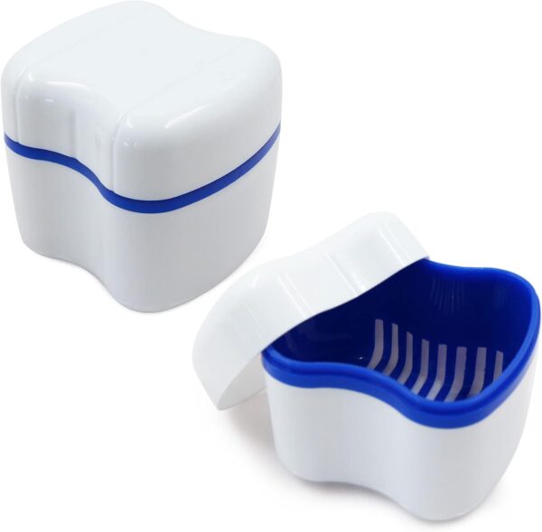 Caja de prótesis dentales tercera almacenamiento, 2pcs caja de dientes de la dentadura de plástico PE, copa de ortodoncia con cesta de filtro colgante, caja de prótesis dentales capa (Blanco/Azul)