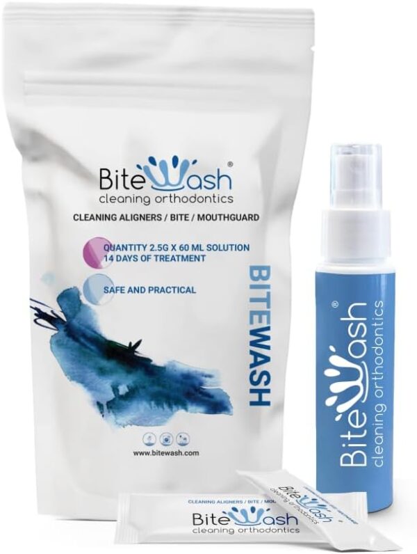 Kit de iniciación Bitewash. Desinfectante con acción desintegrante específica para mordazas, dispositivos de ortodoncia, alineadores, férulas deportivas, cepillos de dientes.