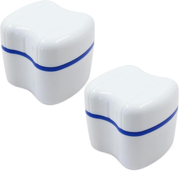 Caja de prótesis dentales tercera almacenamiento, 2pcs caja de dientes de la dentadura de plástico PE, copa de ortodoncia con cesta de filtro colgante, caja de prótesis dentales capa (Blanco/Azul) - Image 9