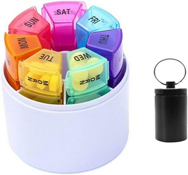 Pastillero Semanal 4 Tomas 7 Días, Pastillero Organizador Semanal Con Porta Llavero de Aluminio Gratis (Round)