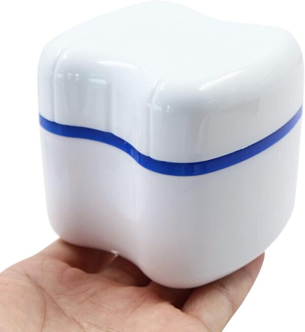 Caja de prótesis dentales tercera almacenamiento, 2pcs caja de dientes de la dentadura de plástico PE, copa de ortodoncia con cesta de filtro colgante, caja de prótesis dentales capa (Blanco/Azul) - Image 5