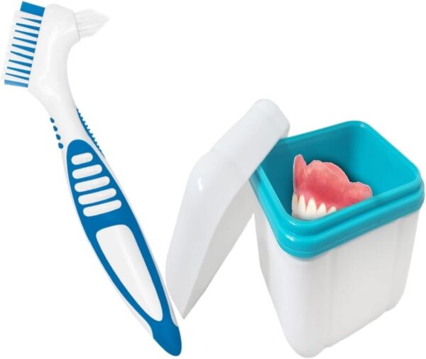 Estuche para prótesis, caja de retención, con cepillo para dentaduras postizas, contenedor para dientes falsos, Blanco/verde azulado
