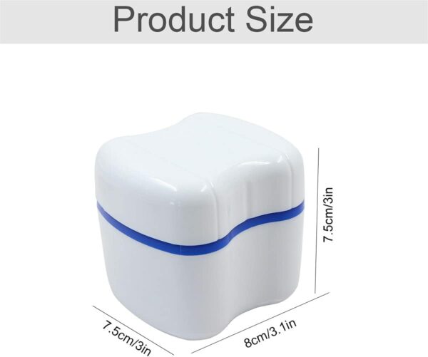 Caja de prótesis dentales tercera almacenamiento, 2pcs caja de dientes de la dentadura de plástico PE, copa de ortodoncia con cesta de filtro colgante, caja de prótesis dentales capa (Blanco/Azul) - Image 2