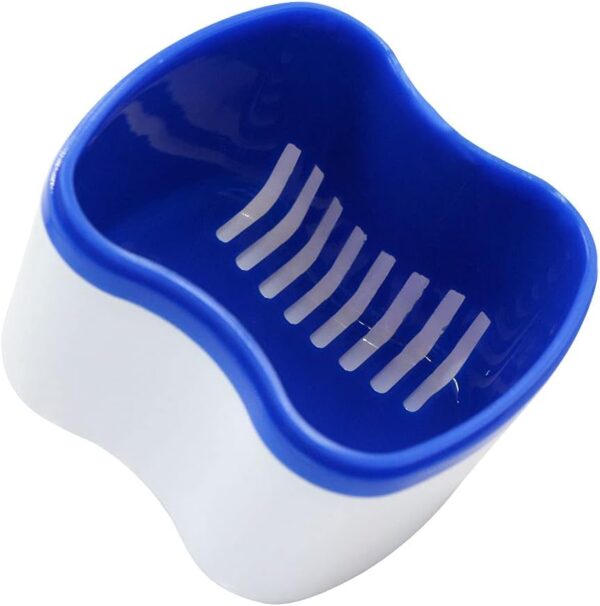 Caja de prótesis dentales tercera almacenamiento, 2pcs caja de dientes de la dentadura de plástico PE, copa de ortodoncia con cesta de filtro colgante, caja de prótesis dentales capa (Blanco/Azul) - Image 6