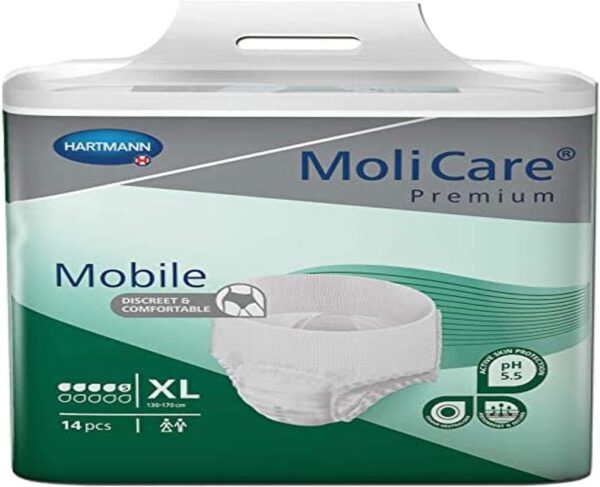 MoliCare Pantalones desechables móviles de primera calidad: uso discreto para la incontinencia para mujeres y hombres, 5 gotas, talla XL (130-170 cm de cadera), 14 unidades