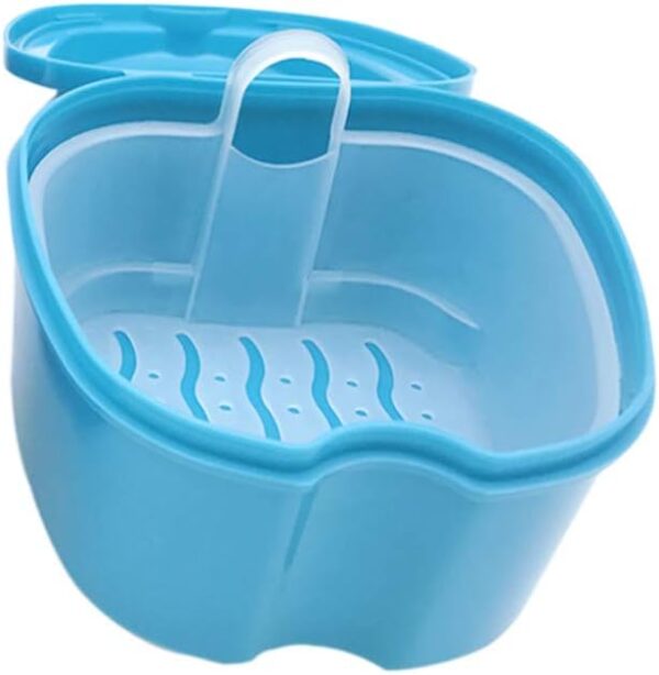 DOITOOL Contenedor de dientes falsos, 1 funda para dentaduras postizas con tapa, contenedor de baño de dentadura postizas dental, caja de almacenamiento dental con contenedor de red colgante, fácil