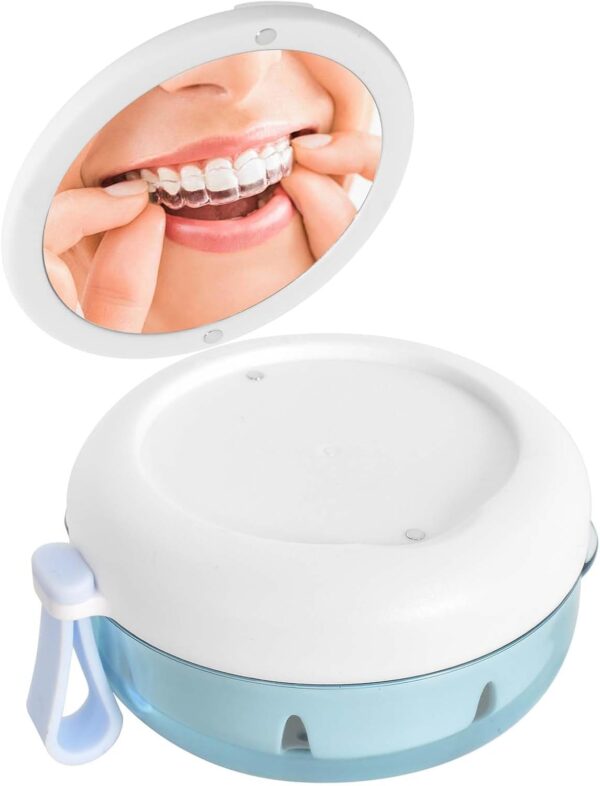 Caja de Baño para Dentaduras Postizas, Estuche Protector Bucal con Espejo, Estuche Portátil de Retenedor de Ortodoncia, Caja Limpieza Ortodoncia Blanco