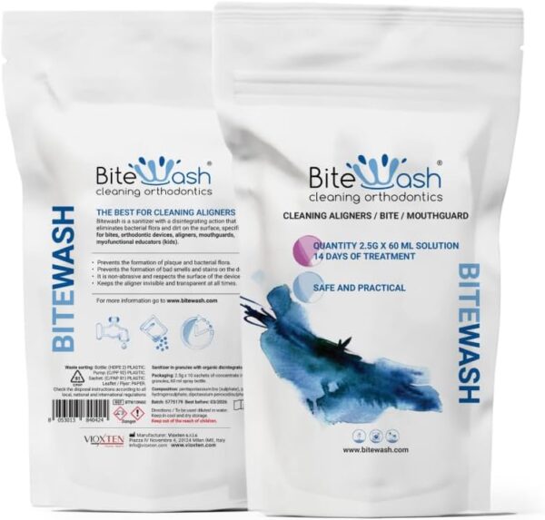 Kit de iniciación Bitewash. Desinfectante con acción desintegrante específica para mordazas, dispositivos de ortodoncia, alineadores, férulas deportivas, cepillos de dientes. - Image 3