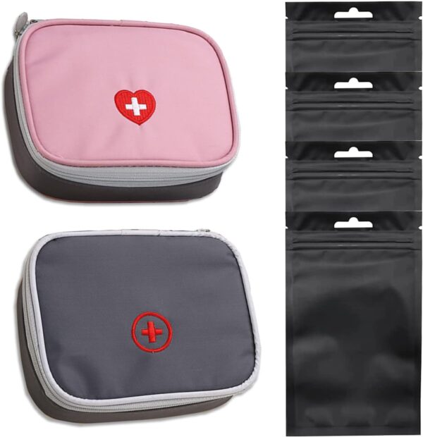 SwirlColor Mini Botiquin de Primeros Auxilios, 2 Piezas Organizador Portátil de Pastillas, Contenedor Vacío de Medicamentos con Múltiples Bolsillos para Viajes (5,1x3,9x1,57 Pulgadas), Rosa + Gris