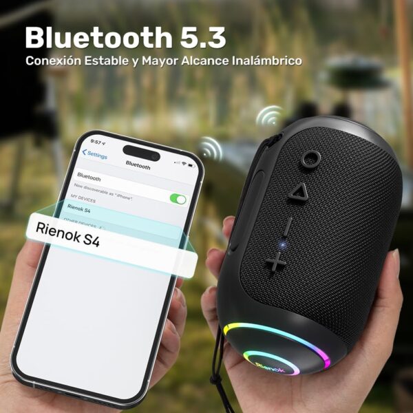 RIENOK S4 Altavoz Bluetooth Portátil Bluetooth 5.3 Potente Impermeable IPX7 Pequeño Inalámbrica Emparejamiento Estéreo Apoya Tarjeta SD Negro - Image 5