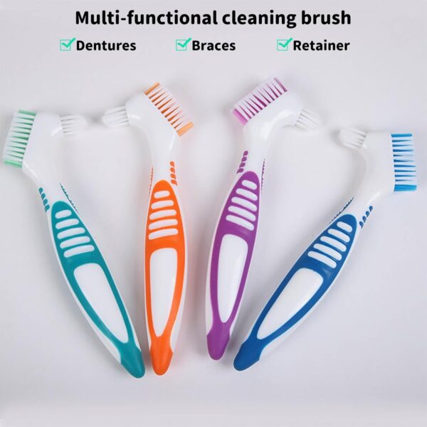 Simsky Juego de Cepillos de Limpieza de Dentadura, 4 Piezas Portátiles Limpieza de Prótesis, Cepillo con Cerdas de Doble Capas y Mango de Goma Ergonómica, para Limpiar Dientes Falsos (4 Colores) - Image 6