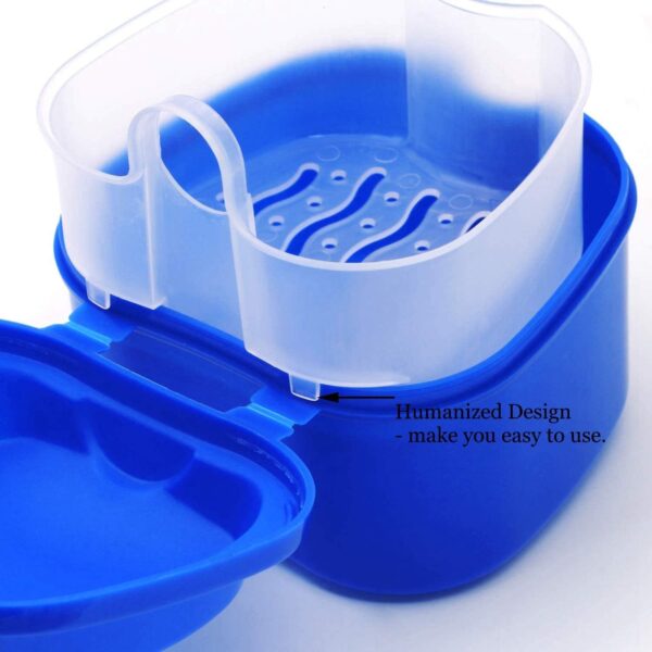 Bstepompre Caja de dentadura azul oscuro, de dentadura con colador, caja de baño de dentaduras dentadas, caja de almacenamiento de dientes con cesta de red para viajes - Image 4