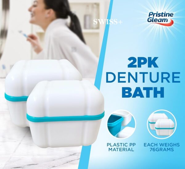 2 estuches de baño para dentaduras postizas con práctica bandeja de enjuague – Caja de limpieza de prótesis a prueba de fugas con colador, taza de remojo portátil para retenedores, protectores - Image 2