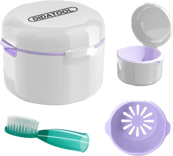 DIDATOOL Ferula Dental, Caja Dentadura Postiza, Baños para Dentadura, Estuche para Guardar la dentadura con Cesta de Enjuague Extraíble, Caja Dentadura Kit Limpieza Dental (Blanco)