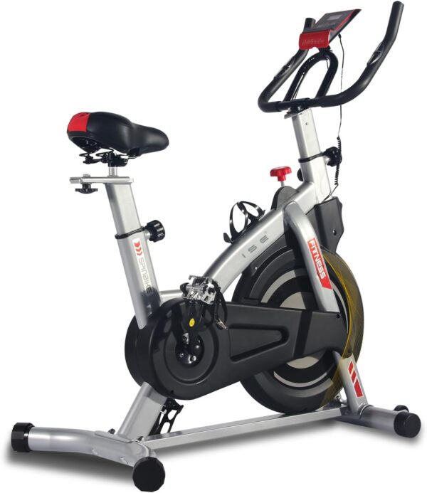 ISE Bicicleta Estática Indoor con Resistencia inercial Ajustable, Bicicleta Estatica Profesional con Sensor de Pulso/Pantalla/Soporte para teléfono, Sillín y Asa Ajustables,Silenciosa,Fitness En Casa