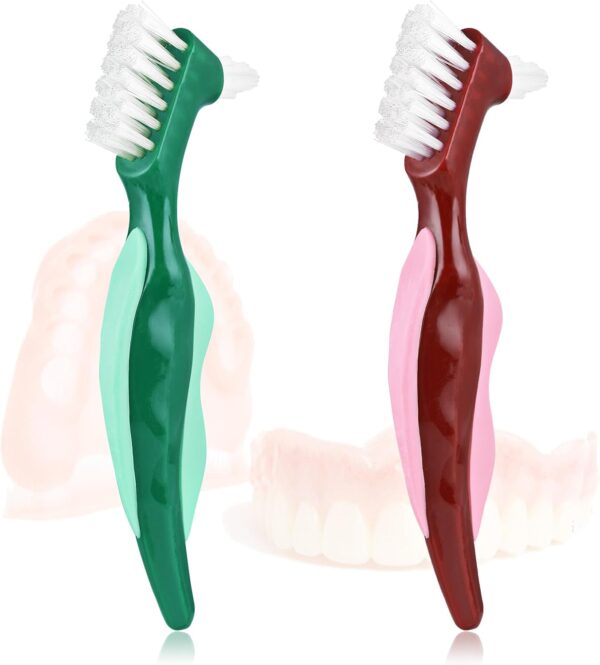 Qianyu 2 cepillos de dientes duros para dentaduras postizas de cerdas multicapa, herramientas de limpieza de dentaduras postizas portátiles, cepillo retenedor de cuidado dental de doble cara para