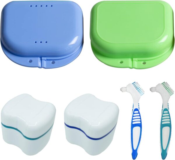 XTUDOU Juego de cajas de prótesis (2 cajas de dentadura postiza, 2 recipientes con colador, 2 cepillos de limpieza de prótesis con doble cabeza)