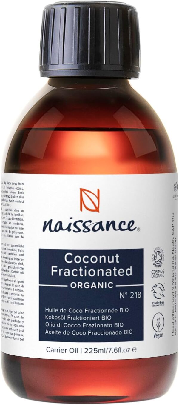 Naissance Aceite Vegetal de Coco Fraccionado BIO (No. 218) 225ml - Natural, no OGM - para Aromaterapia, Masajes y Recetas Artesanales