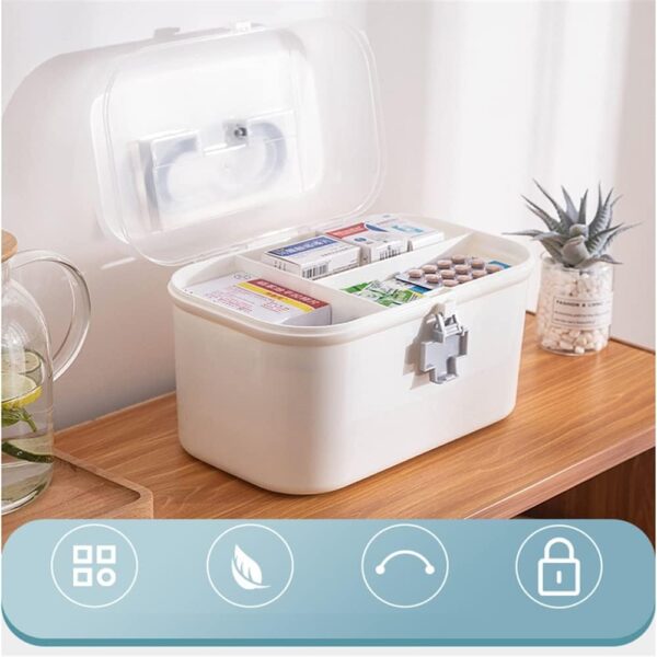 Caja de almacenamiento de medicamentos de 2 capas, portátil, color blanco, caja de primeros auxilios, armario de medicina, organizador de medicina, maletín de almacenamiento de medicina, maleta, - Image 6