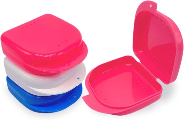 EUPSIIU 3 Piezas Caja Ortodoncia, Caja Dentadura, Caja de Dientes para Proteger Los Dientes con Agujeros de Ventilación, Caja Ferula, para Dentadura Postiza, Férula, Retenedor (Blanco, Azul, Rosa)