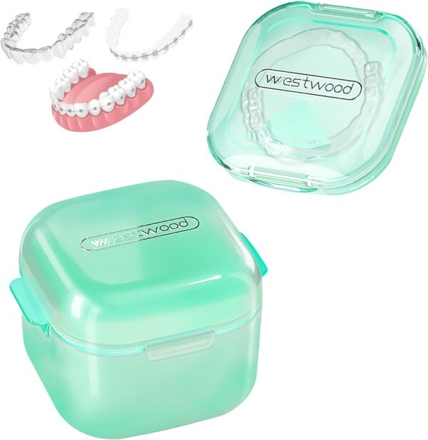LoQuick Estuche para dentadura postiza,caja para dentadura postiza,Caja de Dentadura Dental Baño Con Colador,Contenedores Portátiles para Prótesis,Almacenamiento y Remojo de Aparatos Dentales(Verde)