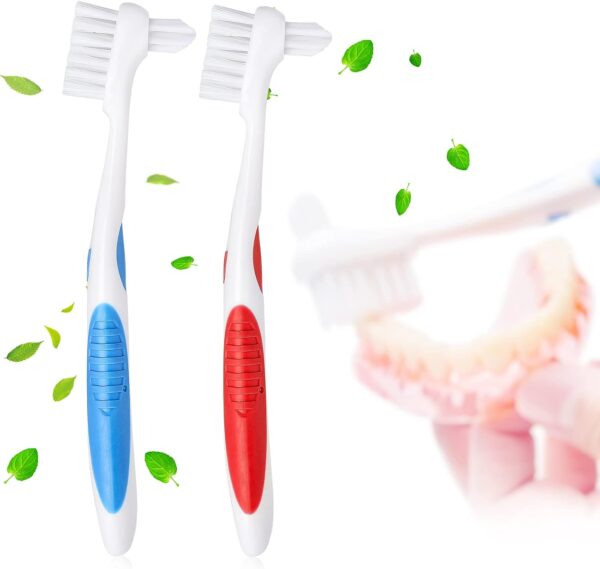Y-Kelin - 2 cepillos de limpieza para dentaduras con cerdas de cepillo de dientes de doble cabeza, 1 rojo, 1 azul