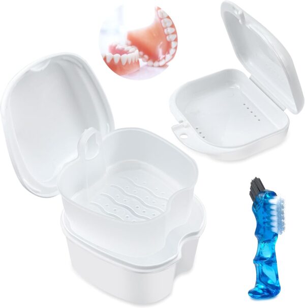 Juego de Caja de Prótesis Dentales Caja de Almacenamiento de Dientes Protésicos de Retenedor de Ortodoncia Juego de Limpieza de Prótesis Contenedor de Soporte de Prótesis para Viajes(2 Cajas, Cepillo)
