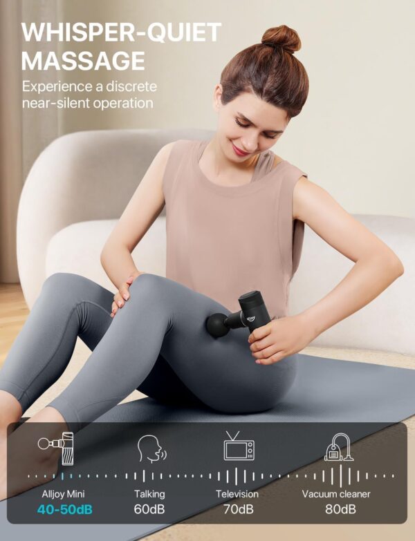 ALLJOY Pistola de Masaje Muscular Mini, Masajeador Muscular Portátil 3200RPM, Masajeador de Mano Ultra Silencioso con 4 cabezales, 4 Velocidades, Massage Gun para Piernas, Espalda, Tipo C, Negro - Image 7