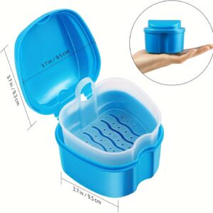 Kit de limpieza para prótesis, prótesis, caja de vaso, recipiente para prótesis de baño con colador colgante prótesis para almacenamiento de viaje (azul)