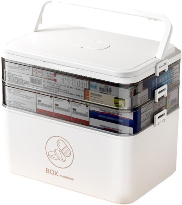 Caja de medicamentos con 3 estantes, portátil, multiusos, con tapa transparente, asa de transporte, maletín para manualidades, caja de almacenamiento, botiquín casero, caja de primeros auxilios (30 x