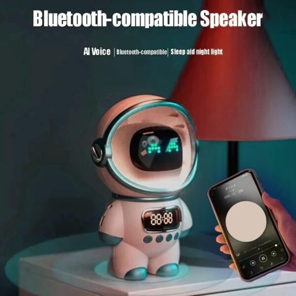 vdha Altavoz Bluetooth Astronauta Inteligente Estéreo Portátil Ai Audio Interactivo con Reloj Despertador Soporte TF/FM Reloj de Mesa Rosa - Image 4