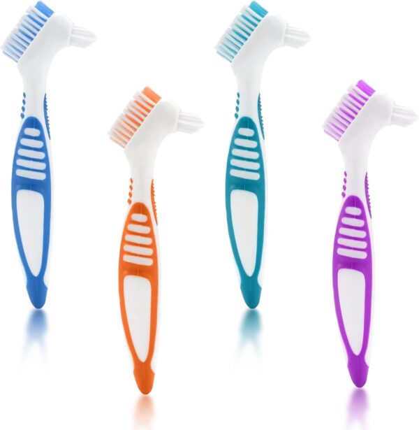 Simsky Juego de Cepillos de Limpieza de Dentadura, 4 Piezas Portátiles Limpieza de Prótesis, Cepillo con Cerdas de Doble Capas y Mango de Goma Ergonómica, para Limpiar Dientes Falsos (4 Colores)