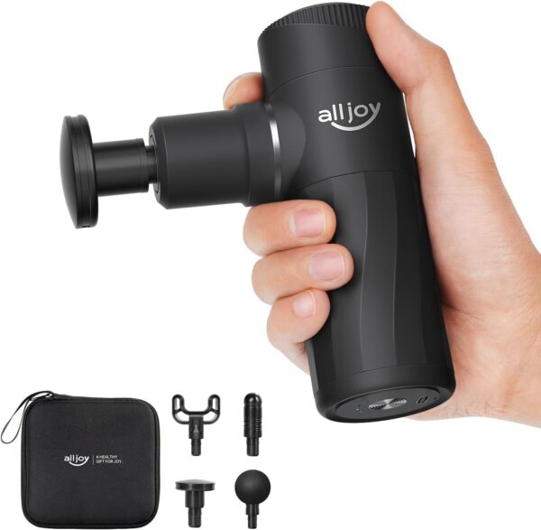 ALLJOY Pistola de Masaje Muscular Mini, Masajeador Muscular Portátil 3200RPM, Masajeador de Mano Ultra Silencioso con 4 cabezales, 4 Velocidades, Massage Gun para Piernas, Espalda, Tipo C, Negro
