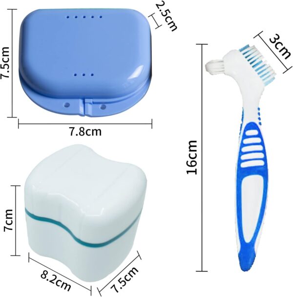 XTUDOU Juego de cajas de prótesis (2 cajas de dentadura postiza, 2 recipientes con colador, 2 cepillos de limpieza de prótesis con doble cabeza) - Image 2