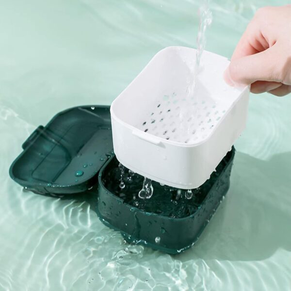 Myazs Caja de limpieza de retenedor de ortodoncia, caja de baño de dentadura con colador, caja de almacenamiento de doble capa, contenedor de remojo, solución de almacenamiento de dientes simple, - Image 7