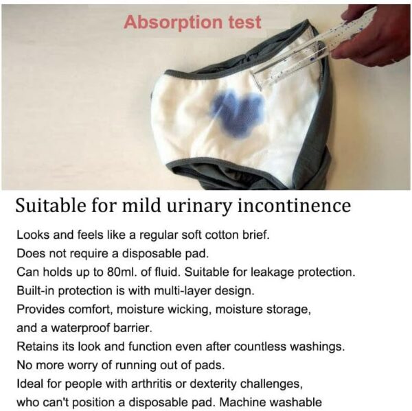 Paquete de 3 ropa interior de algodón para incontinencia para hombre, absorción regular, reutilizable, lavable, para incontinencia urinaria para cirugía de próstata (Negro, XXL) - Image 5