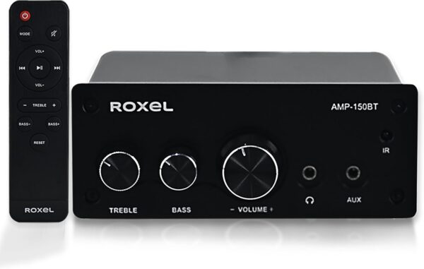 Roxel AMP-150BT Amplificador para receptor de audio estéreo Bluetooth de 2 canales, mini amplificador de alta fidelidad para altavoces de hasta 90 W x 2, con control de graves y agudos