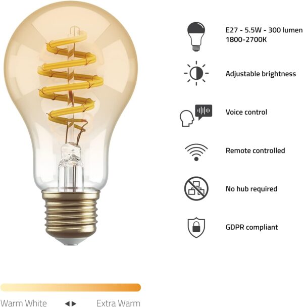 Hombli Bombilla Inteligente | Luz Blanca Cálida Regulable E27, 1800-2700K CCT | Filamento 5.5W, A60 300 Lúmenes | Instalación Fácil | Control por Voz con Función de App, Compatible con Google & Alexa - Image 2