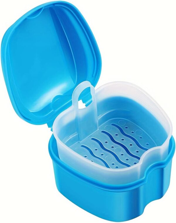Kit de limpieza para prótesis, prótesis, caja de vaso, recipiente para prótesis de baño con colador colgante prótesis para almacenamiento de viaje (azul)