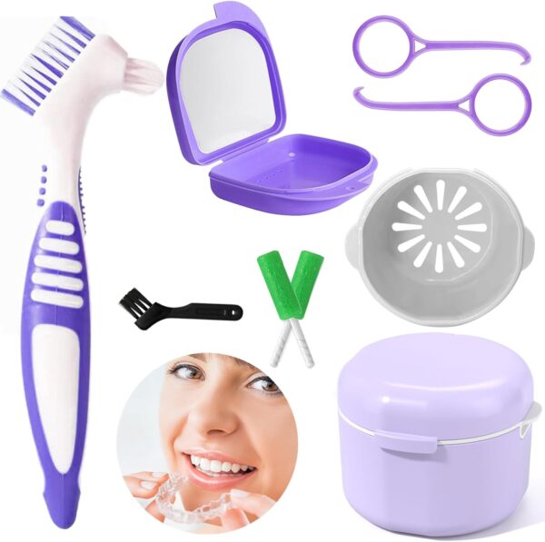 Kit de cepillo dental, caja de baño de reparación de contenedores dentales, Caja dental con espejo, herramienta de desmontaje del corrector con corrector 2x para 2 soportes masticables o limpieza
