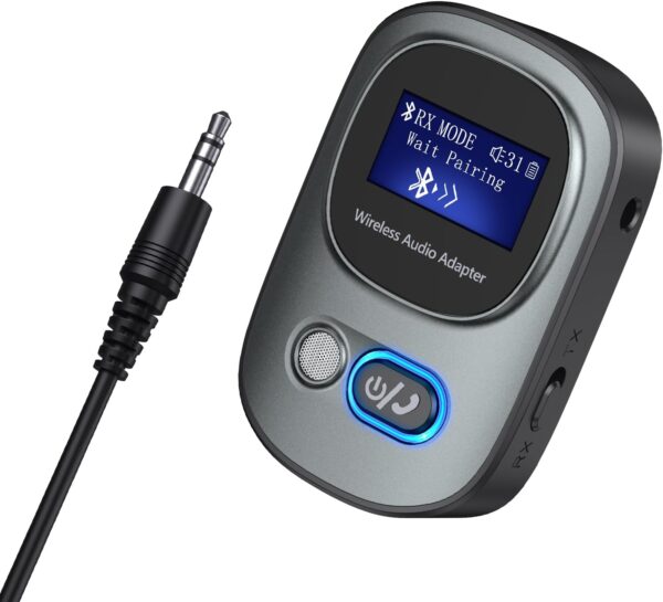 OQIMAX Transmisor Receptor Bluetooth 5.0, Adaptador Audio 3.5mm Jack Aux, Baja Latencia,Pantalla LCD, Transmisor Bluetooth para Televisión PC Amplificador Coche Móvil Altavoces Auriculares