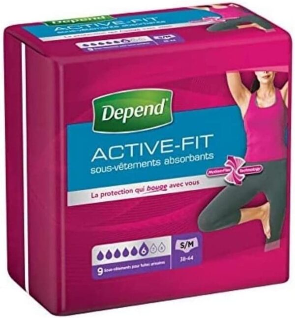 Depend Active Fit - Ropa interior para mujer, 6 gotas para fugas urinarias/incontinencia x 9 bragas, talla S/M