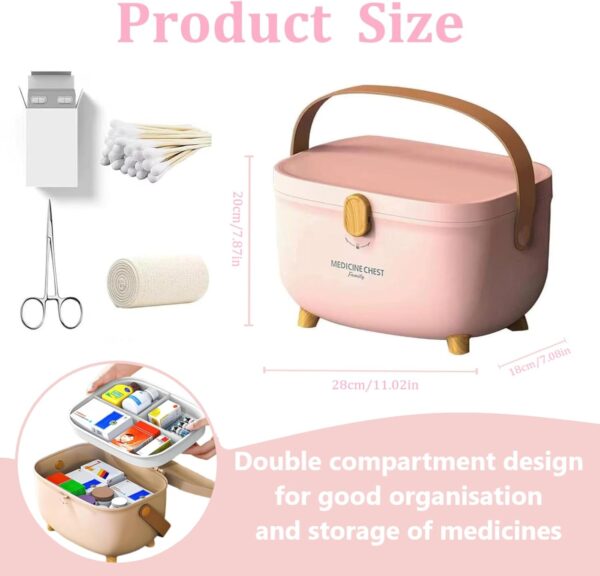 AiMeiteng Caja medicamentos, Organizador medicamentos, Caja de medicamentos para casa de dos niveles con asa, adecuada para guardar medicamentos（Rosa） - Image 3