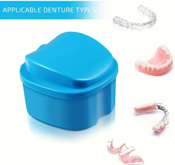 Kit de limpieza para prótesis, prótesis, caja de vaso, recipiente para prótesis de baño con colador colgante prótesis para almacenamiento de viaje (azul) - Image 3