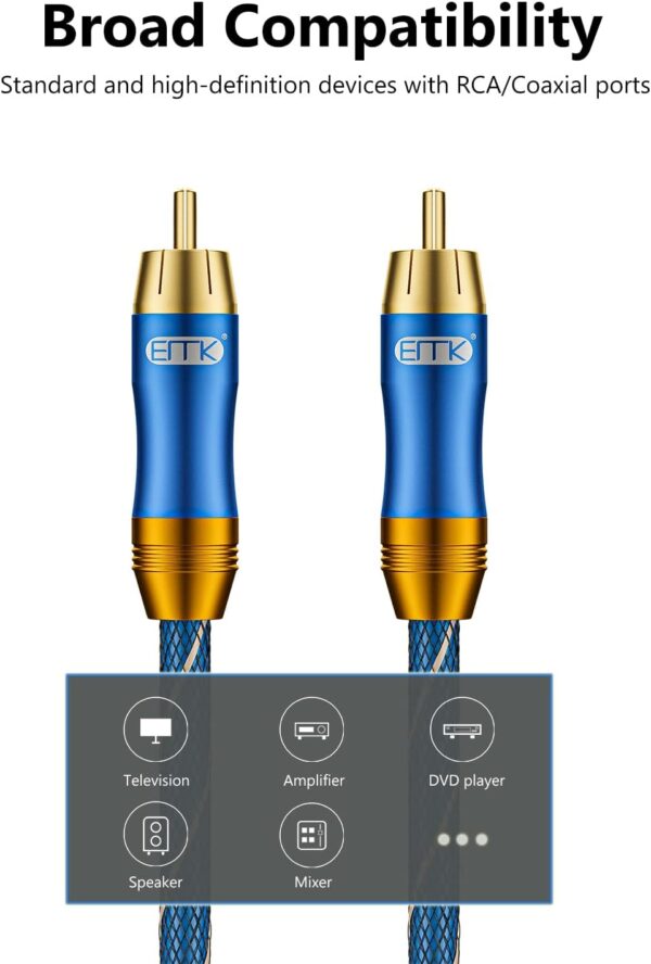 Cable de Audio RCA para Subwoofer Cable Coaxial Digital con Conector RCA Macho a RCA Macho Subwoofer Receptor AV Amplificador Cine de Casa (2M, Coaxial Digital con Conector RCA, Azul) - Image 6