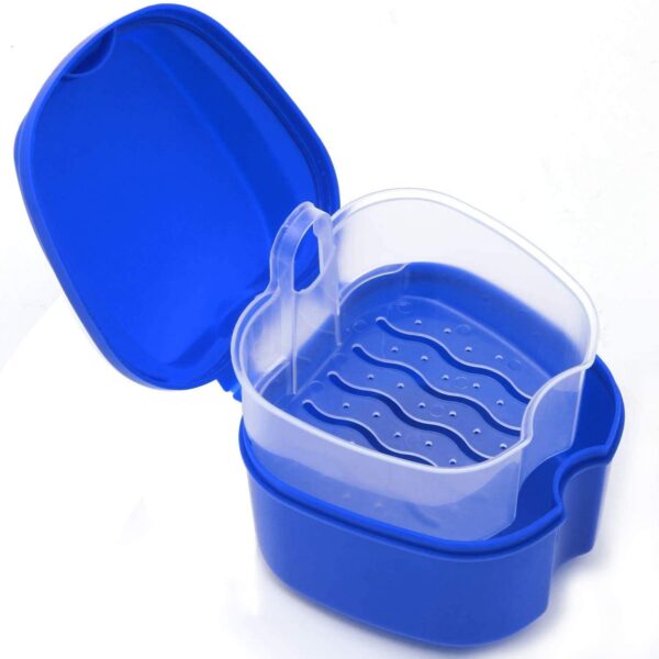 Bstepompre Caja de dentadura azul oscuro, de dentadura con colador, caja de baño de dentaduras dentadas, caja de almacenamiento de dientes con cesta de red para viajes - Image 2