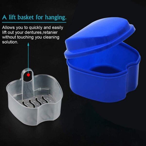 Bstepompre Caja de dentadura azul oscuro, de dentadura con colador, caja de baño de dentaduras dentadas, caja de almacenamiento de dientes con cesta de red para viajes