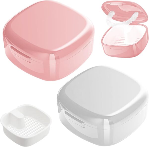 2 Piezas Caja Dentadura Postiza,Funda Aparato Dental Ortodoncia,Caja Portátil para Prótesis Dentales,para Almacenar Dentaduras Postizas (Rosa,Blanco)