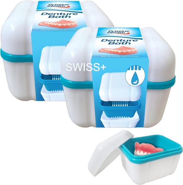 2 estuches de baño para dentaduras postizas con práctica bandeja de enjuague – Caja de limpieza de prótesis a prueba de fugas con colador, taza de remojo portátil para retenedores, protectores