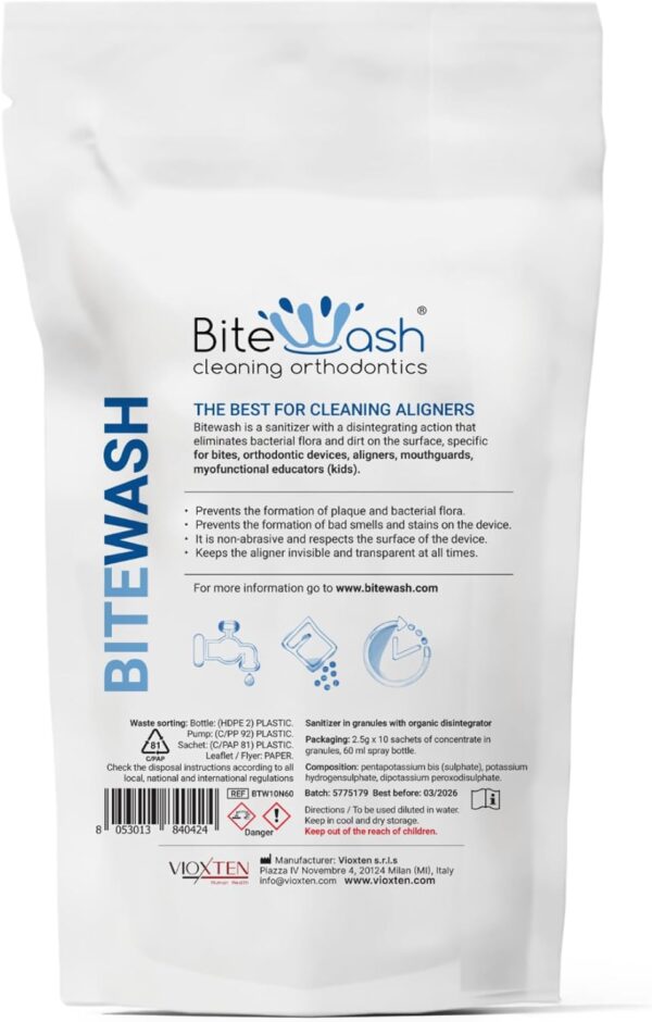 Kit de iniciación Bitewash. Desinfectante con acción desintegrante específica para mordazas, dispositivos de ortodoncia, alineadores, férulas deportivas, cepillos de dientes. - Image 2